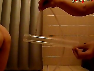 Japanese kinky couple ass to ass connected clear pipe enema